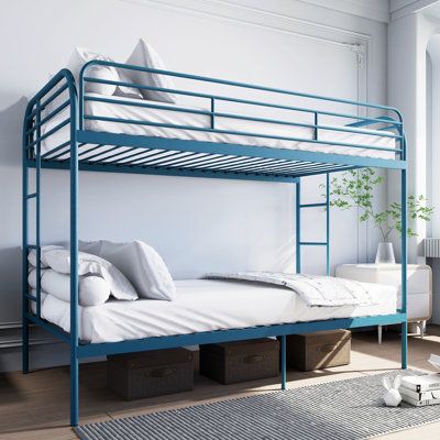 Lit simple superposé au-dessus de bleu en métal, échelles doubles, garde-corps pleine longueur, facile à assembler, peu encombrant pour l'esthétique de la chambre à coucher