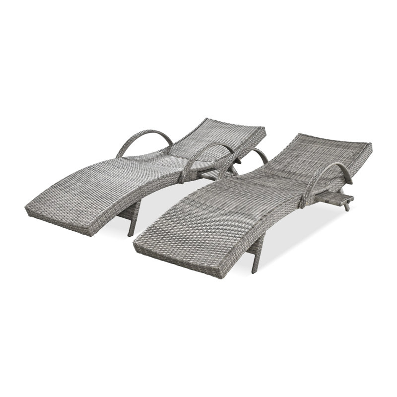 80'' Outdoor Wicker Chaise Lounge Chairs Set of 2, Patio Rattan Reclining Chair Pull-out Side Table Adjustable Backrest Ergonomic Wave Design Pool Sunbathing Recliners