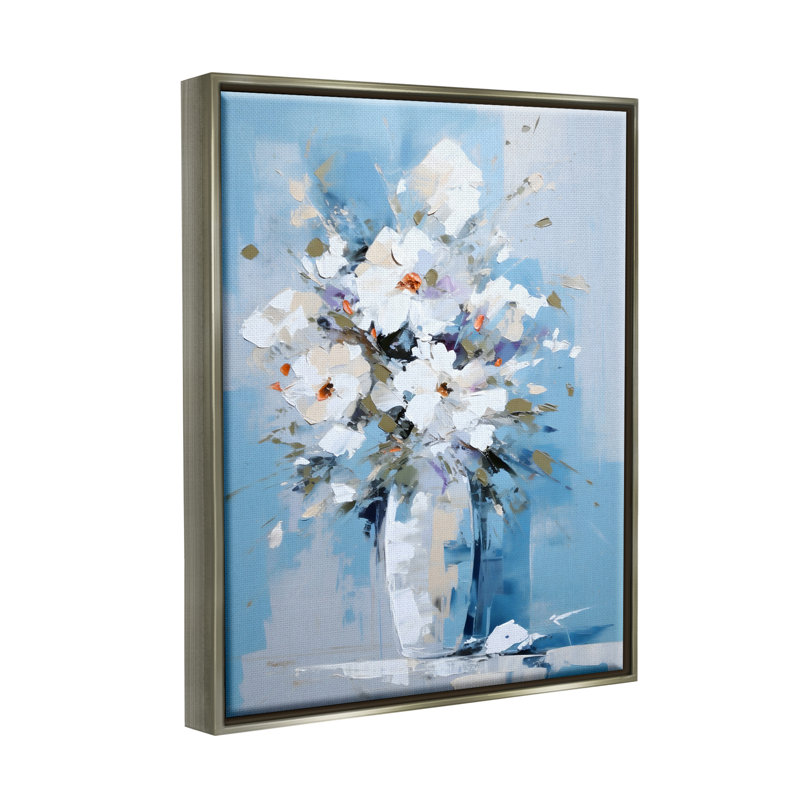 Bouquet blanc et bleu par Ray Powers, Cadre flottant gris lustré, H 31 po x l 25 po x P 1,7 po