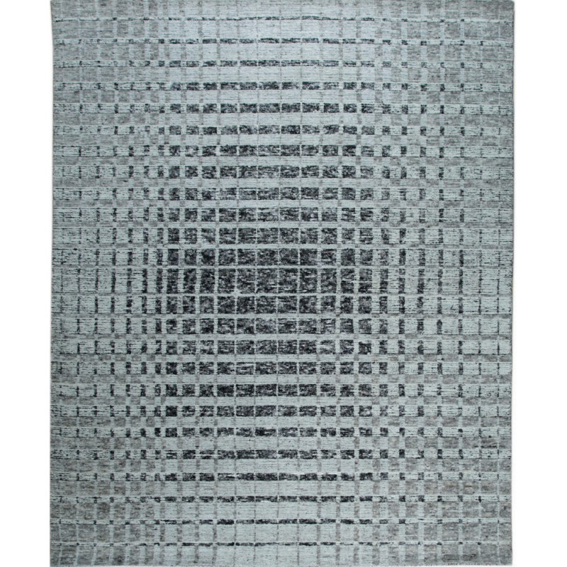 Gray Hand-Knotted Wool Fading Gridwork Geometric Modern Contemporary Carpet Rug, 8' x 10'