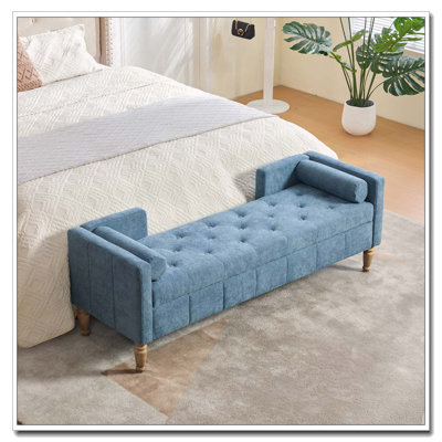 64.6" Upholstered Chenille Flip-Top Storage Bench with Tufted Accent, Armrests & Backrest, Whitewashed Rubberwood Legs