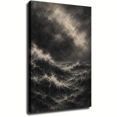 Stormy Dark Ocean With Crashing Foamy Waves Under Heavy Clouds, Vintage Moody Seascape Canvas Wall Art