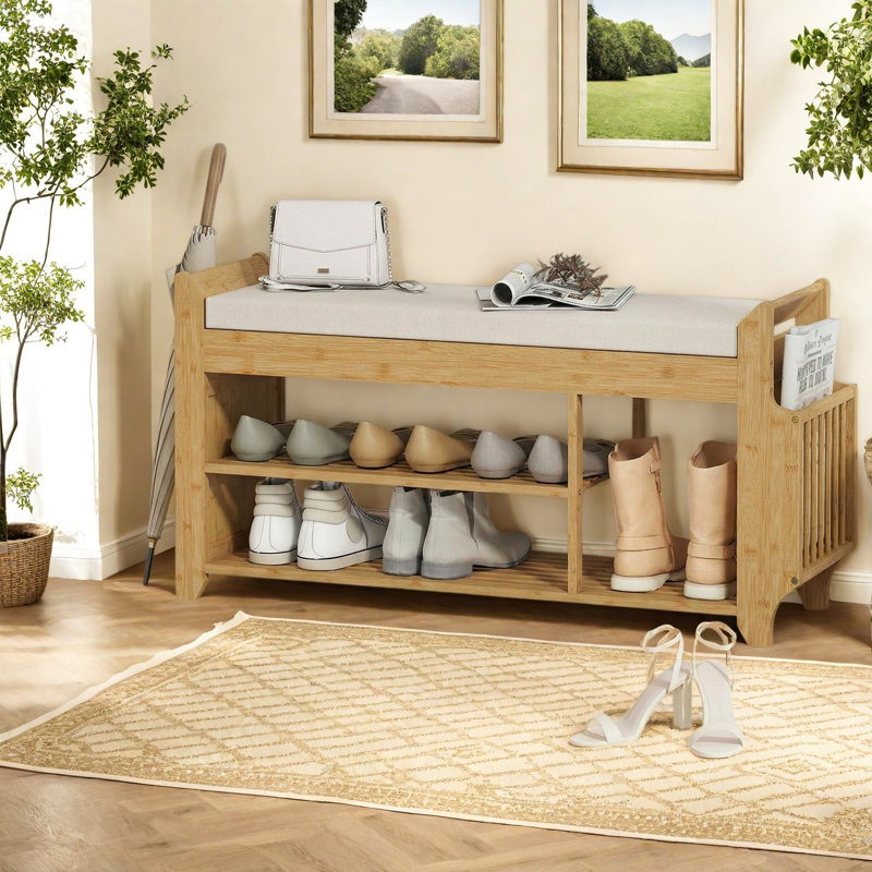 Banc de rangement à chaussures peu encombrant, support en bambou naturel à 2 niveaux avec assise rembourrée