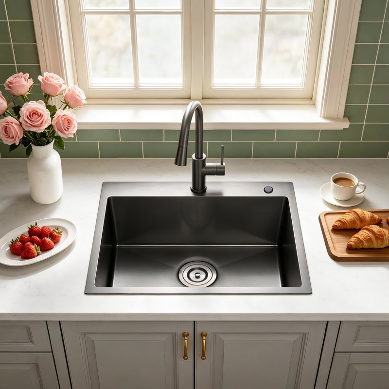 27"L × 19"W Drop-in Single Bowl Stainless Steel Kitchen Sink, Black