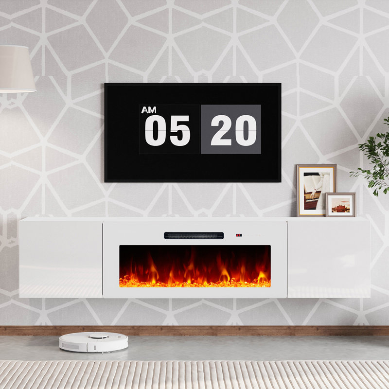 Bhhatu Highgloss Wall Mounted Floating Fireplace TV Stand, 68", All White