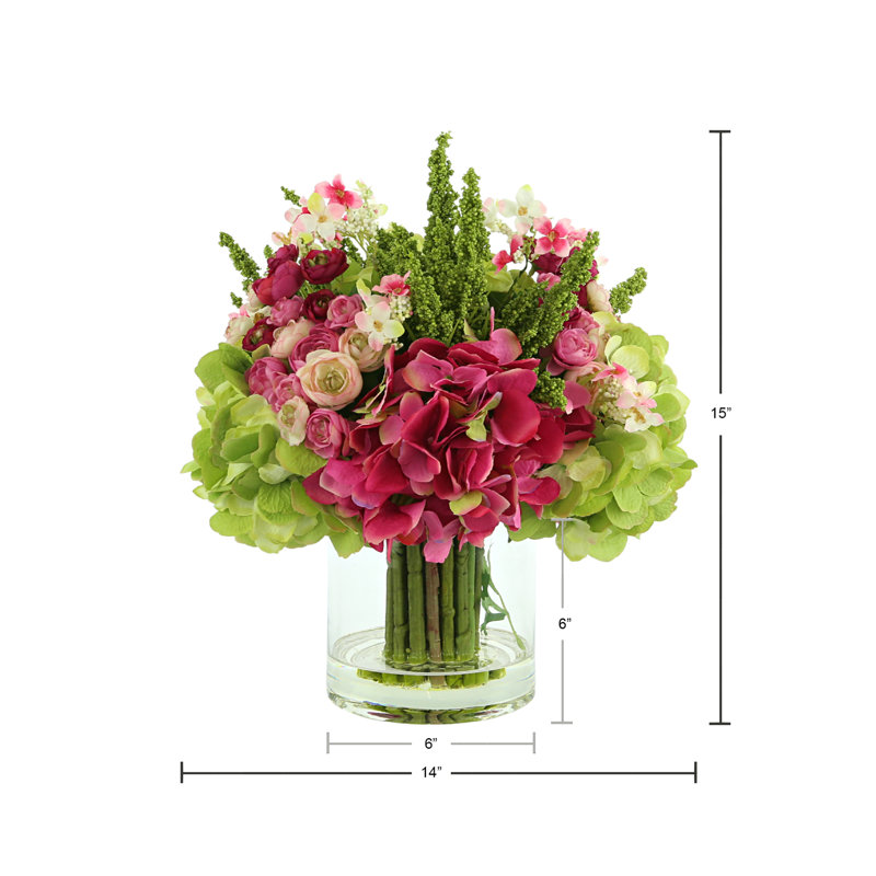 Hydrangea, Astilbe, Ivy and Berries in Clear Glass Vase, Pink/Green