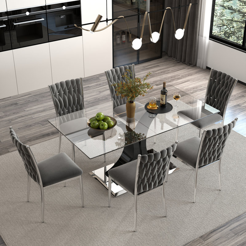 Ensemble de salle à manger moderne en verre, base en métal argenté et chaises en velours 4/6 pour la cuisine et la salle à manger