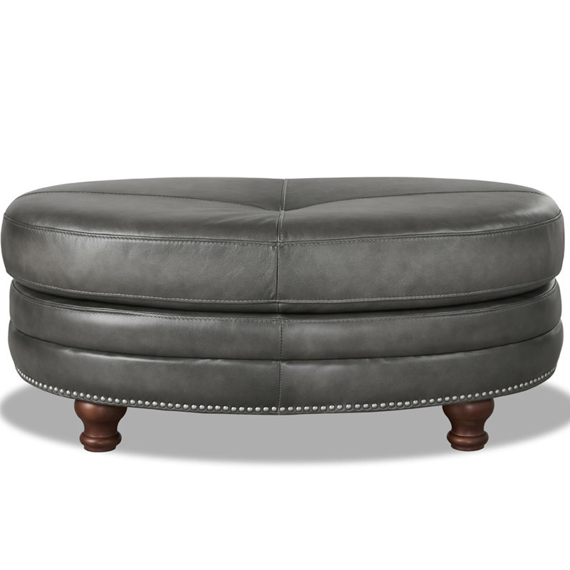Repose-pieds en cuir - Revêtement avec plumes d'oie et structure en duvet de bois massif gris, tabouret de style Mid-Century à ressorts ensachés