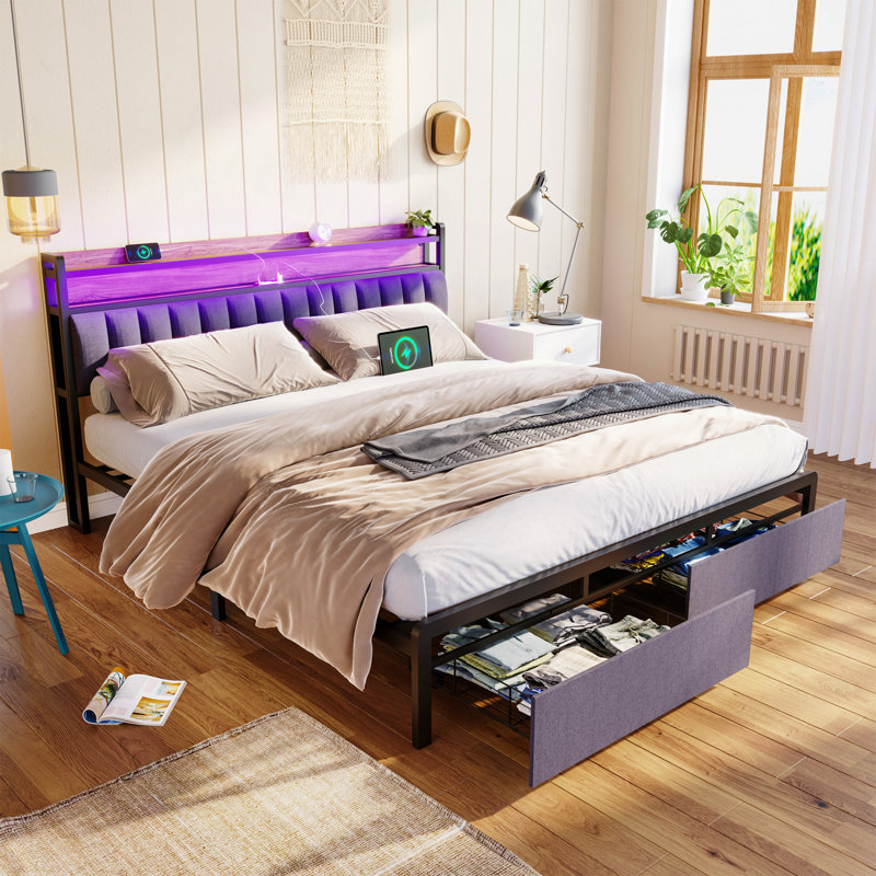 Très grande base de lit avec tête de lit et tiroirs de rangement, cadre de lit plateforme très grand à DEL, cadre de lit tapissier à DEL avec station de charge, aucun sommier nécessaire, assemblage facile, gris