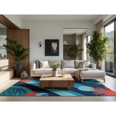 Soft Plush Beecher Great Barrier Reef Contemporary Arc Area Rug in Green – Navy Binding