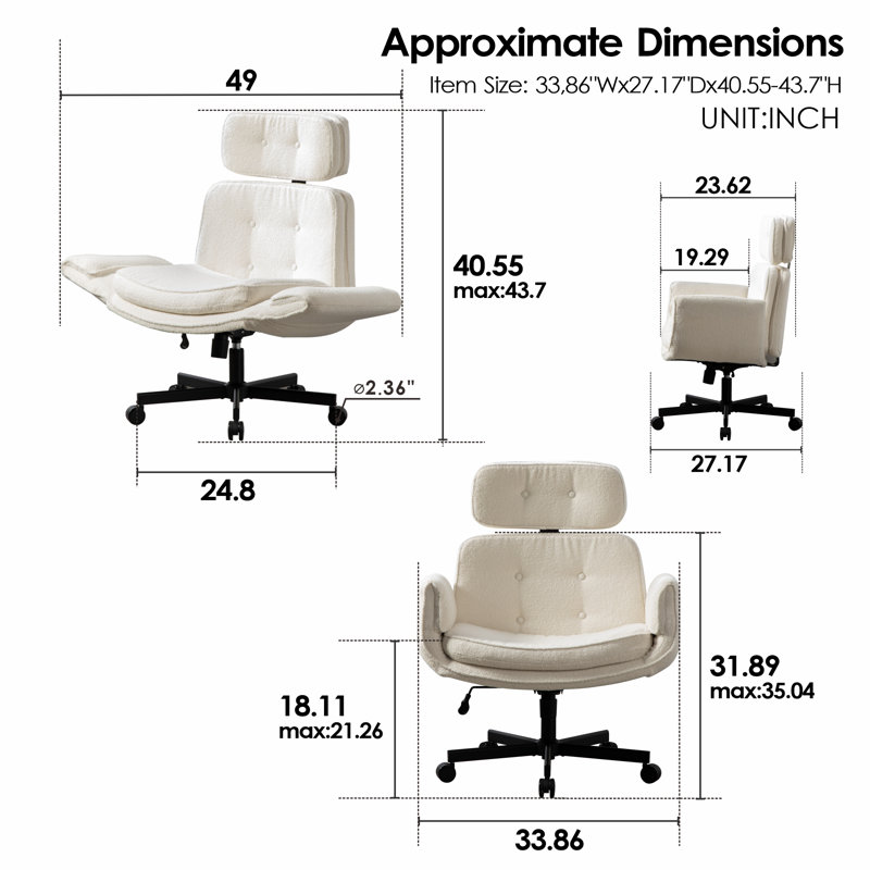33.86"W Tilting Office Chair with Adjustable Armrest, Ivory, Teddy fleece