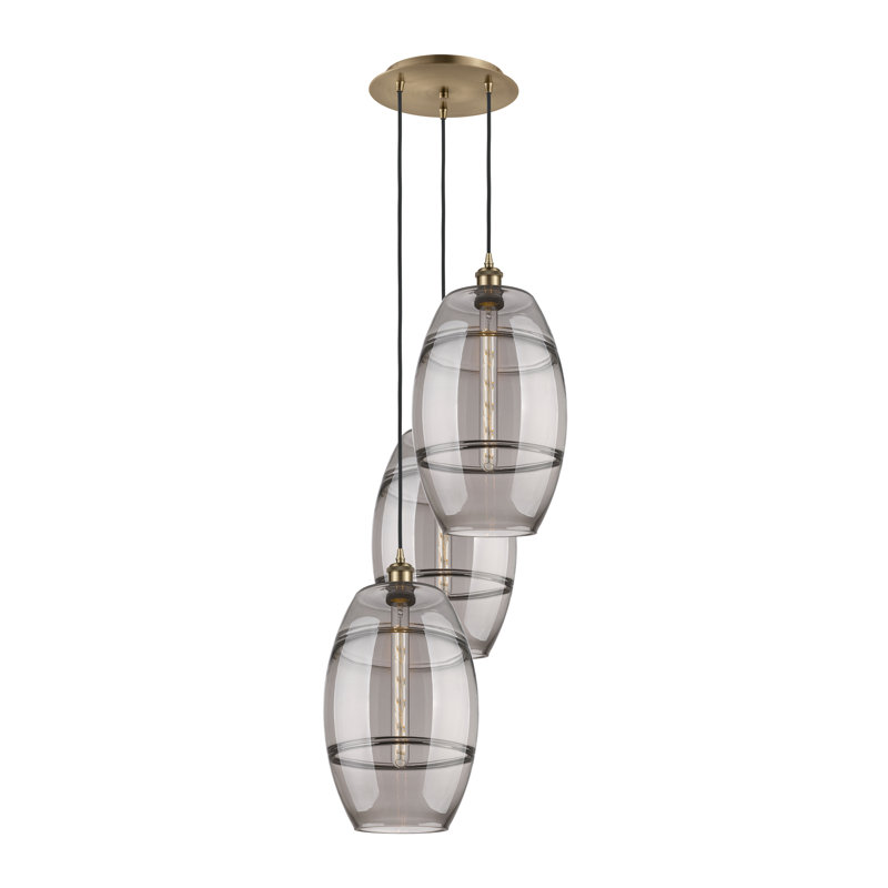 Luminaire suspendu rond / ovale 3 lumières Dundrod, Laiton antique, H 56,25 po x l 16,5 po x P 16,5 po, Gris fumée clair