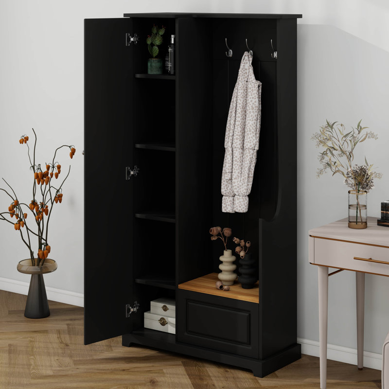 Arbre d'entrée avec banc rabattable, meuble à chaussures d'entrée avec tablettes réglables, mobilier multifonctionnel avec crochets de suspension