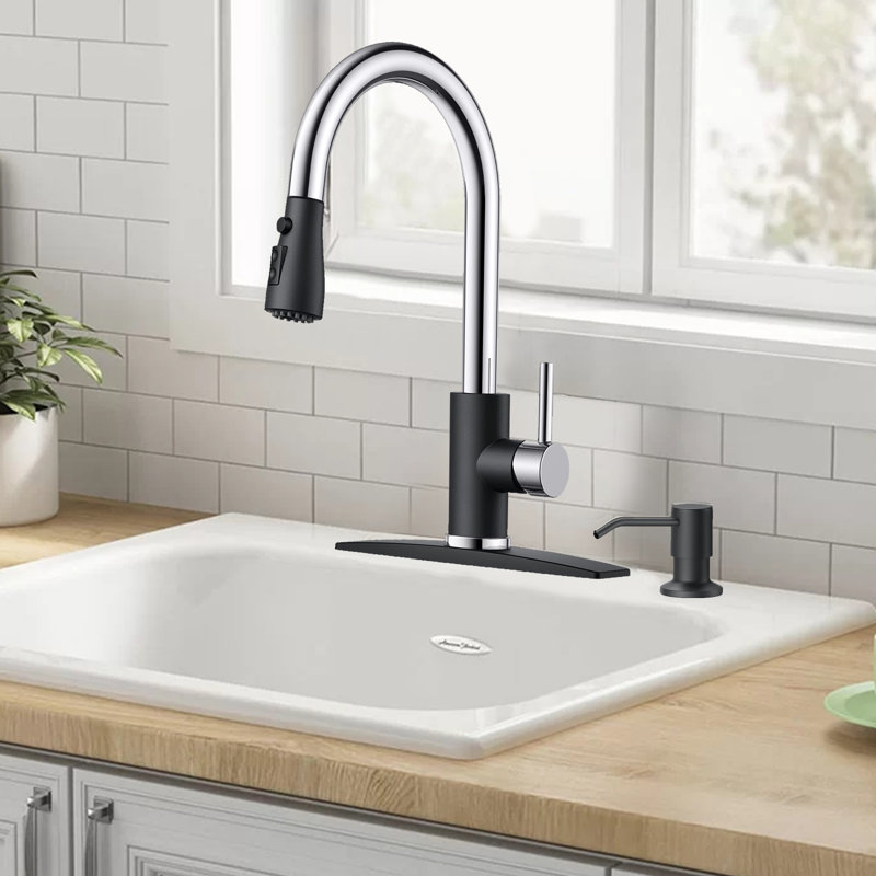 Kitchen Faucet, Pull-Down Sprayer High Arc Single Handle, With Soap Dispenser, Classic 3-Mode Faucet, Suitable For Kitchen Sink Laundry Room.