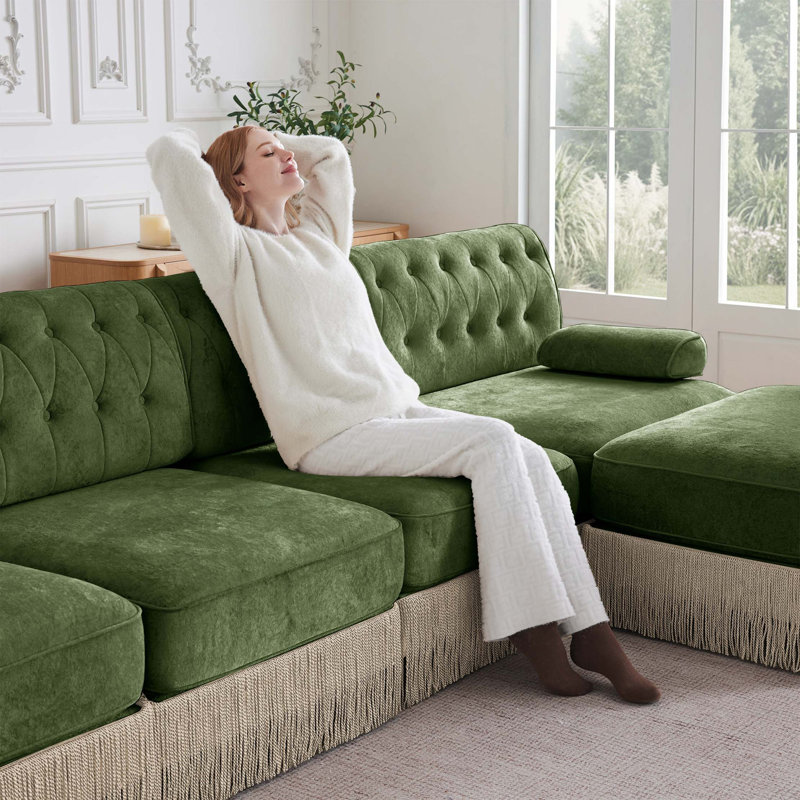 Canapé modulaire Premium avec capitonnage à boutons et repose-pieds Premium Cloud, Velours - vert