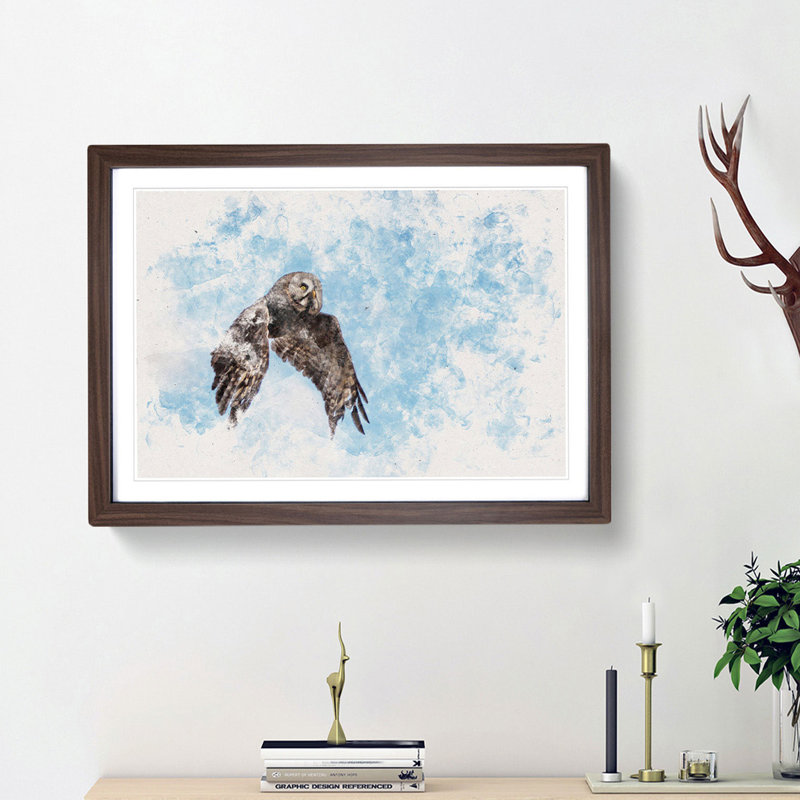 Flying Great Grey Owl - Picture Frame Painting Print, Walnut Framed, 62cm H x 87cm W x 2cm D