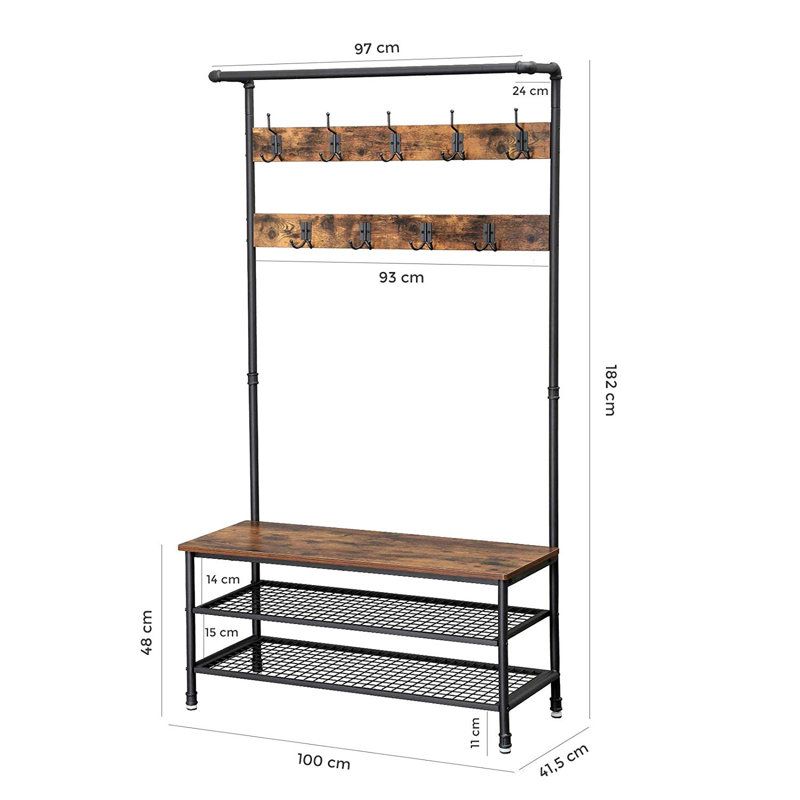 Alora Hall Tree 100cm Wide with Bench and Shoe Storage, Rustic Brown/Black