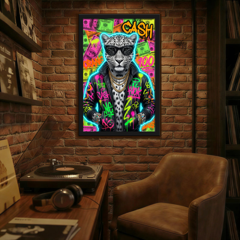 Animaux léopard coloré avec lunettes de soleil et fond graffiti, H 36 po x l 24 po