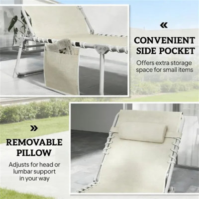 Chaise longue pliante beige pour bain de soleil d'extérieur, 63 cm (L) × 190 cm (P) × 34 cm (H), avec tablette latérale amovible et poche latérale. Chaise de plage inclinable à 5 positions avec ouvertures pour le visage et les accoudoirs. Capacité de charge : 120 kg pour la chaise / 15 kg pour la table.