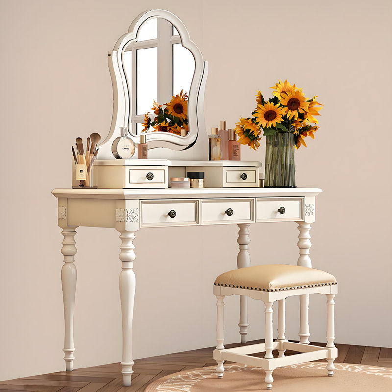 Coiffeuse 39,37 po en bois massif blanc de style américain avec miroir