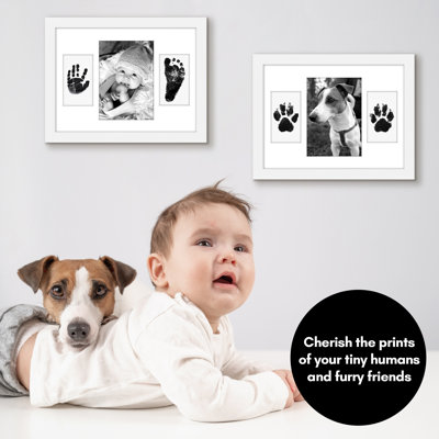 Americanflat Baby Hand and Footprint Kit with 3 Ink Pads - 9x12 Picture Frame with Mat for 3 Openings and Shatter-Resistant Glass - White