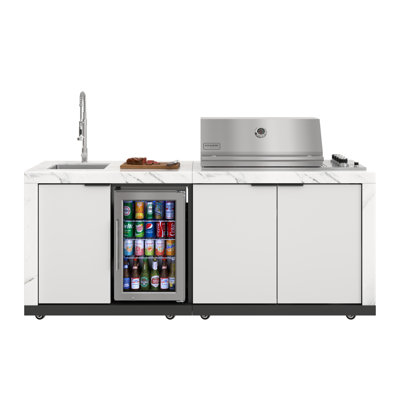 83 in. Outdoor Kitchen Suite with White Stone Counters and Sides, 4-Burner Grill, Stainless Steel Sink and Faucet (KM-OKS-3585)