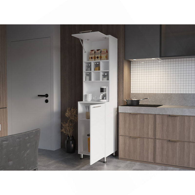 Rock Kitchen Pantry With Pneumatic Door, Open Storage, And Bottom Cabinet, White.