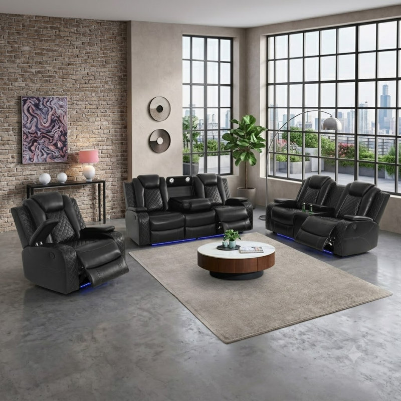 Ensemble de canapé de salon inclinable électrique en cuir 3 pièces avec station de charge sans fil, rangement, porte-gobelets (ensemble de 3)