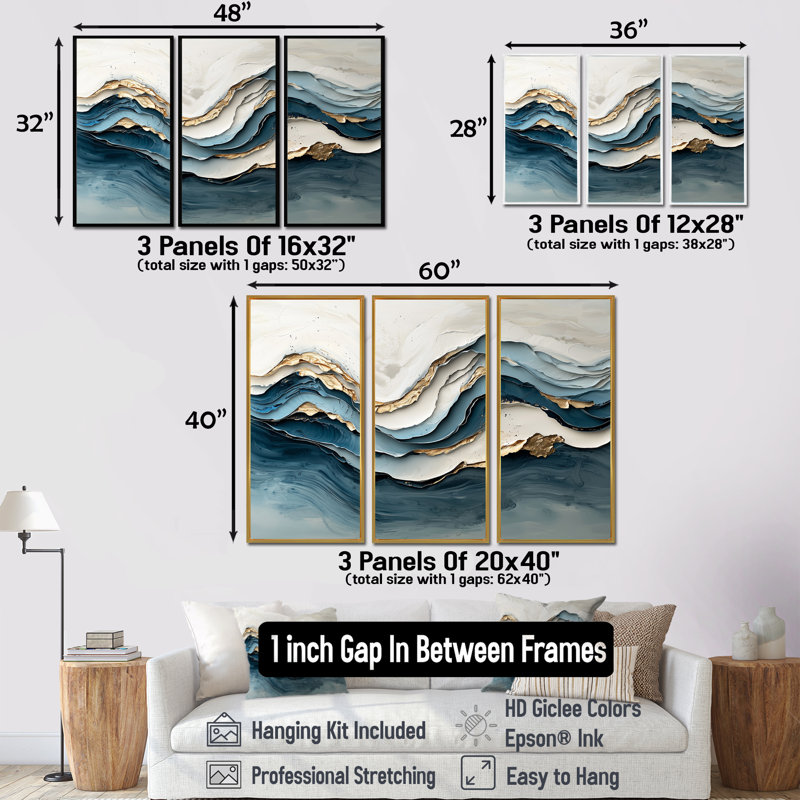 Marbre blanc et bleu, vague IV - ensemble d'art mural vagues côtières, Toile naturelle avec cadre flottant