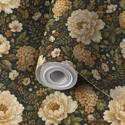 Peel and Stick PVC Wallpaper, Removable Self-Adhesive Wall Covering With Vintage Floral Beige Peonies Green Foliage Dark Print, Waterproof for Home Decor - Roll