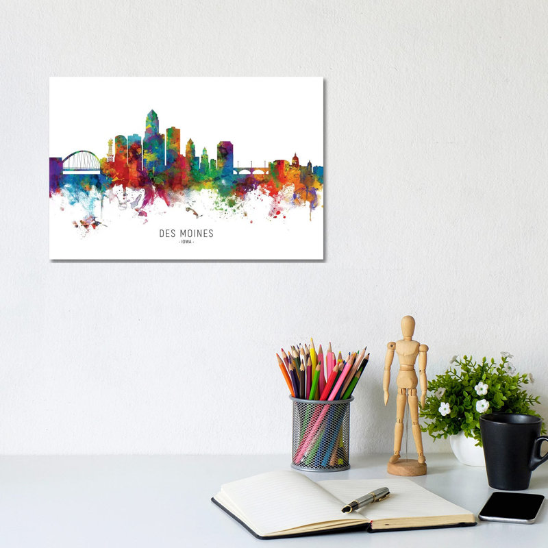 Des Moines Iowa Skyline by Michael Tompsett - 1 Piece Wrapped Canvas Painting, 20.32 cm H x 30.48 cm W