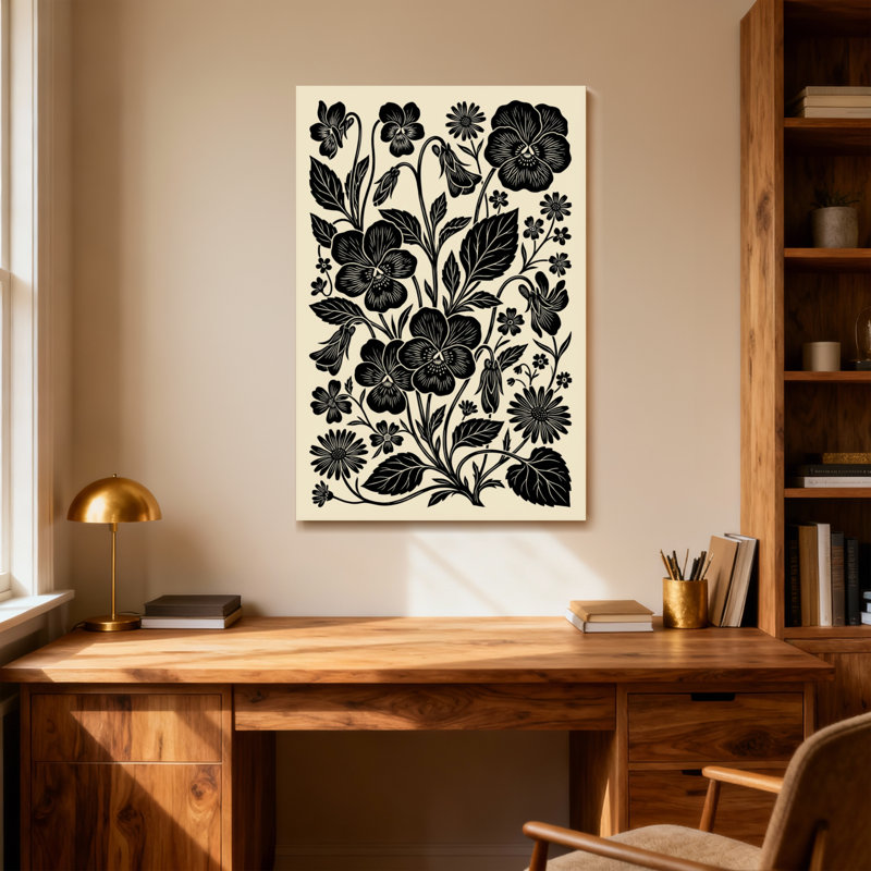 Plantes et fleurs à motif floral noir sur fond crème, H 30 po x l 20 po