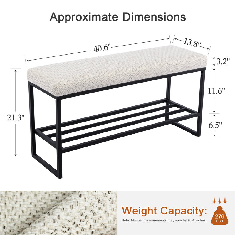 40.6" W Modern Upholstered Storage Bench with Shoe Rack and Metal Sled Base, White Boucle