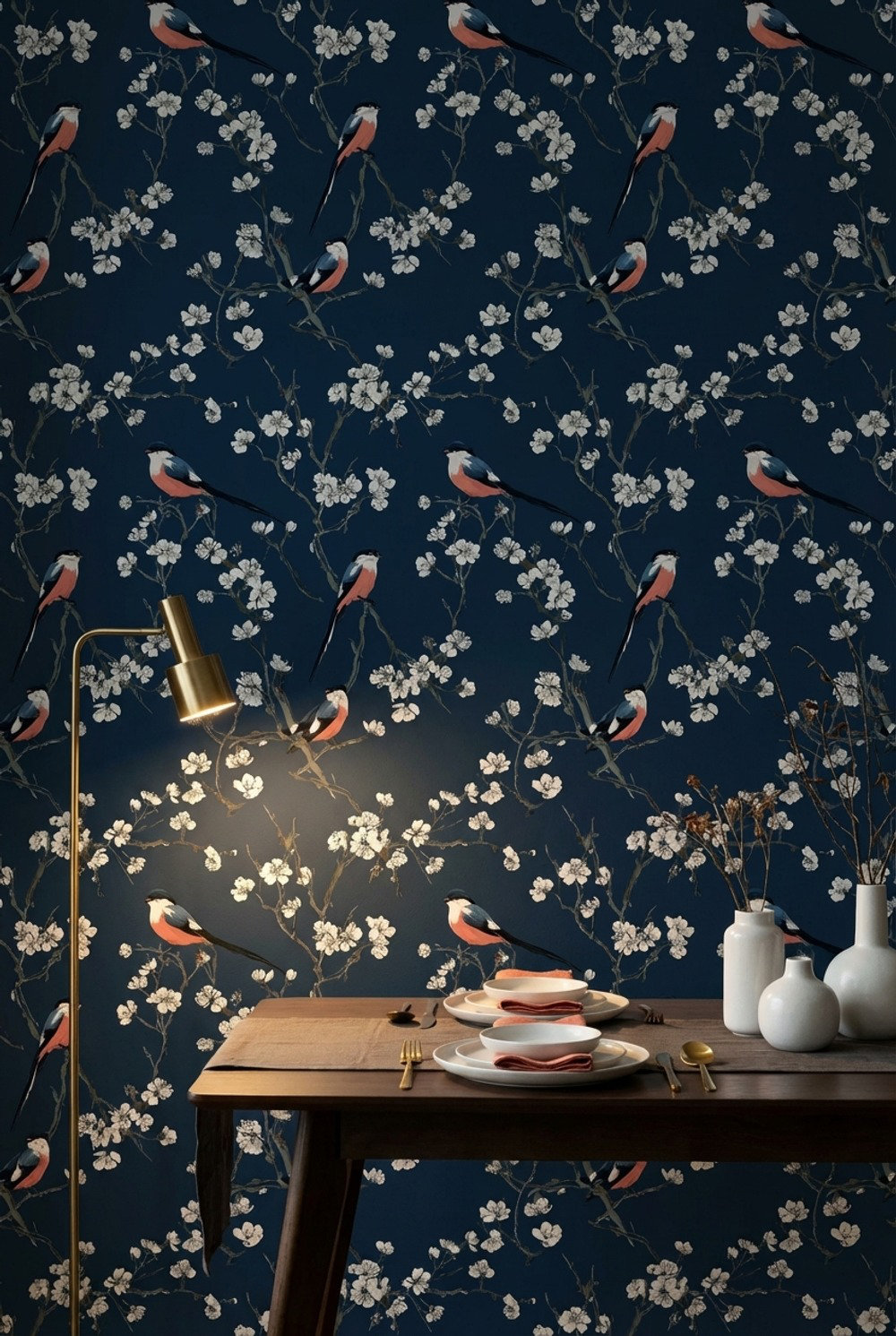Lark Manor™ Floral Wallpaper Birds Removable Navy Wall Mural | Wayfair