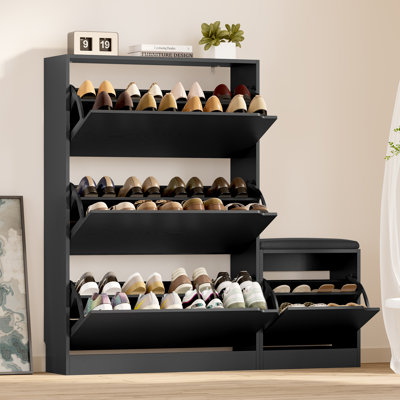 Shoe Cabinet with Bench and 3 Flip Drawers, Narrow Entryway Organizer with Adjustable Shelves, Anti-Tip