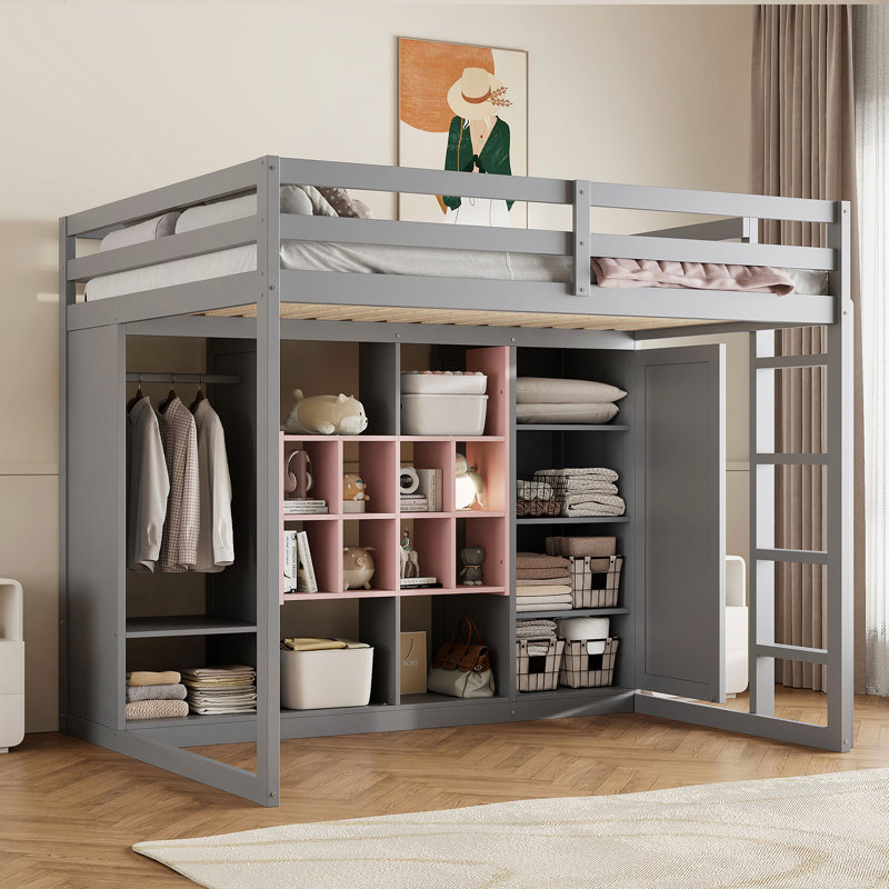 Lit mezzanine en bois avec garde-robe, tablettes et armoire, Lit double, Rose / Gris