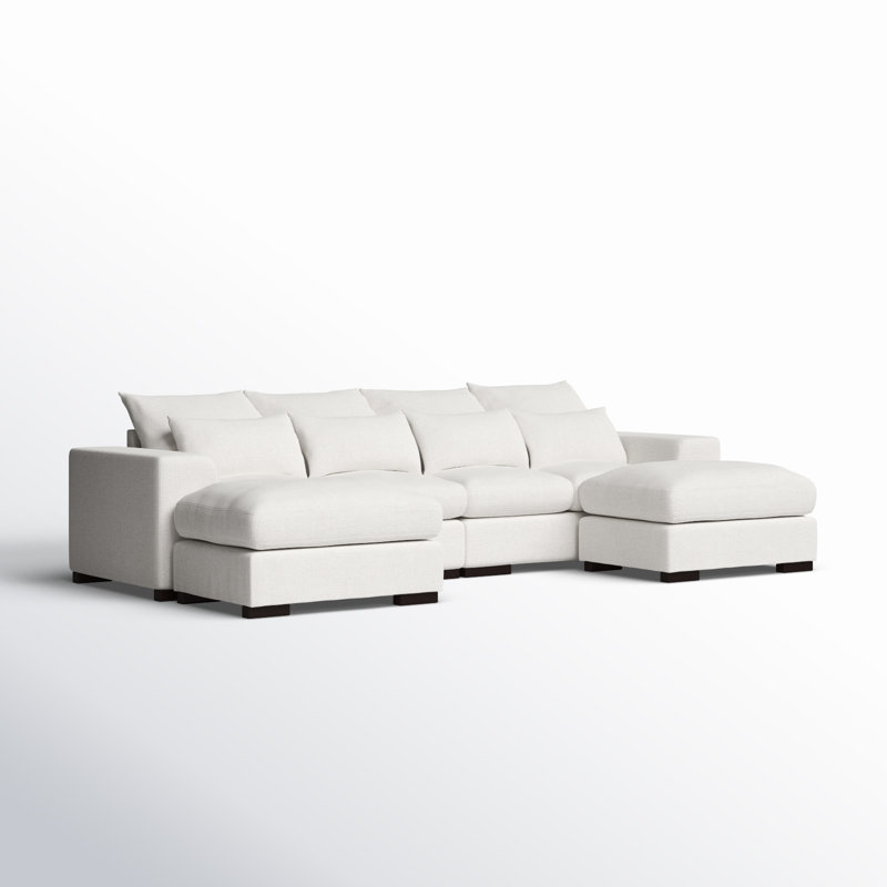 Beige Linen-Blend Modular Sectional Sofa with Ottoman & Toss Pillows