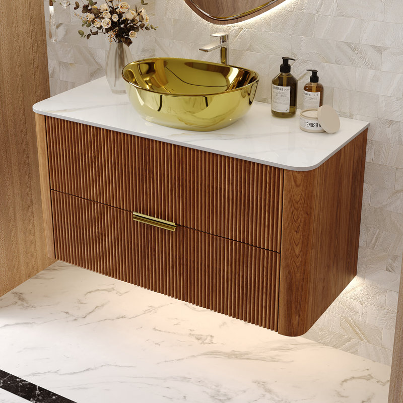 36'' Modern Luxury Sintered Stone Bathroom Vanity, Wall Mounted Vainty with Two Drawers and Gold Handle, Golden Basin