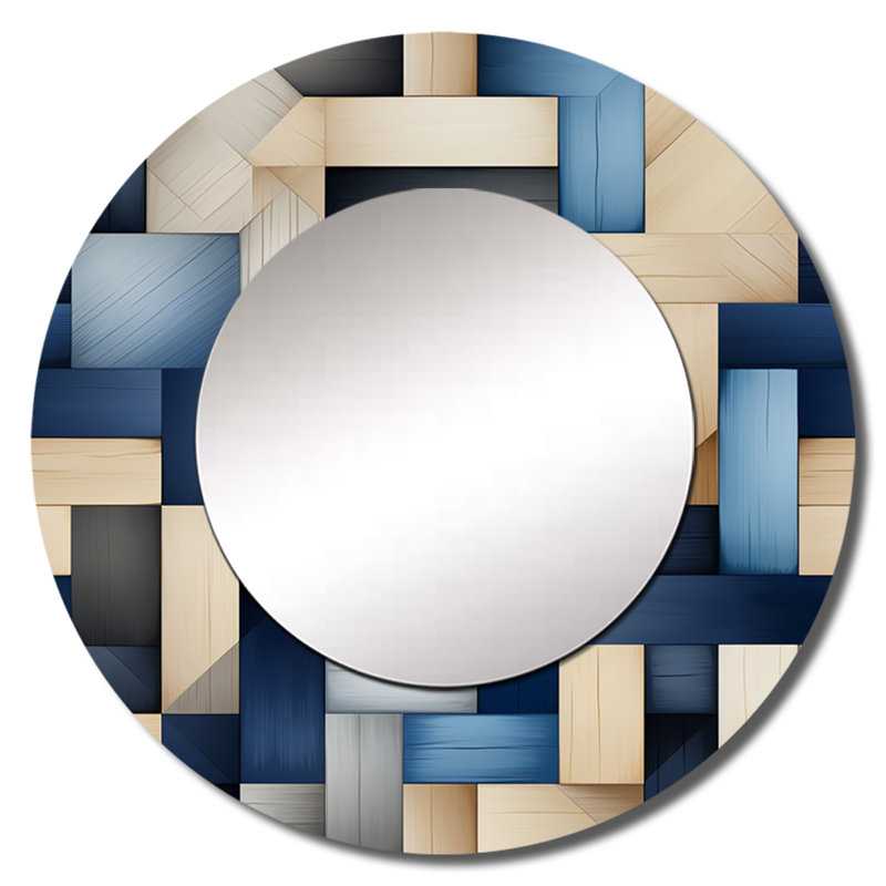 Beige And Blue Stripes Symmetry - Geometric  Decorative Mirror, Blue Round Wall Mirror, Printed Metal Art, 23" x 23"