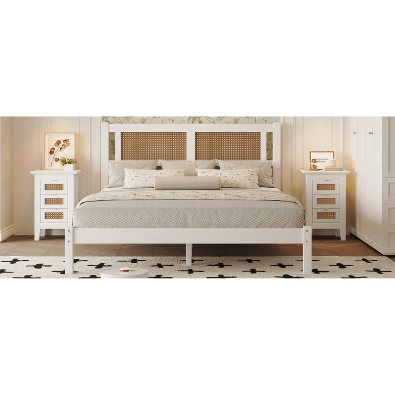Grand lit minimaliste avec tête naturelle - Chambre à coucher, plateforme à la mode pour tête de lit, élégant et blanc