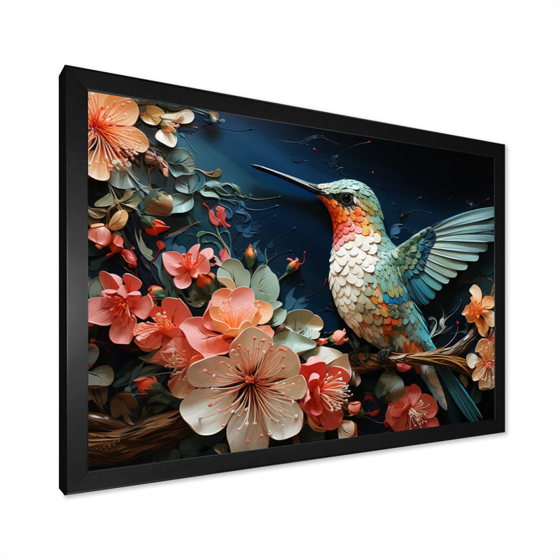 Teal Pink Hummingbird Harmony - Animals Canvas Wall Art, Cadre photo noir, H 30 po x l 40 po x P 1,5 po