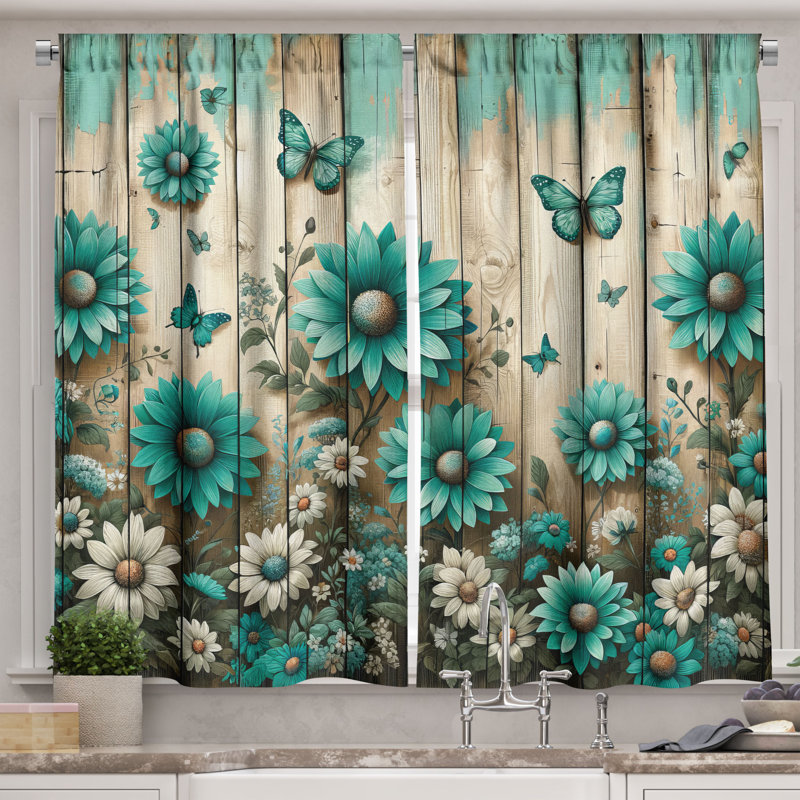 Turquoise and Gray Floral Polyester Kitchen Curtains Set