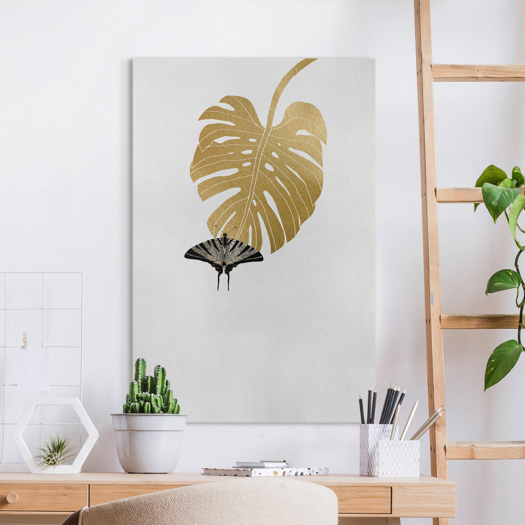 Leinwandbild Golden Monstera with Butterfly