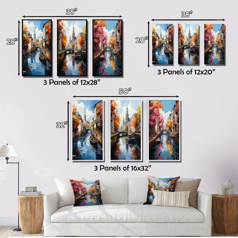 «Beige Canal Vibrant Waterway Bold», 3 pièces sur toile, Toile tendue, H 28 po x l 36 po