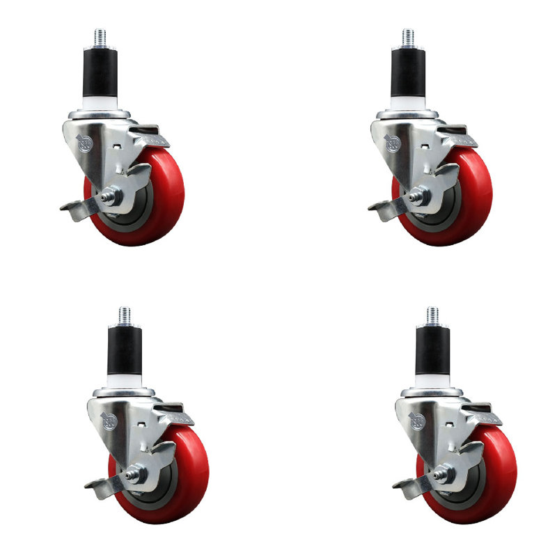 Ensemble de roulettes extensibles en poly 3,5 pouces 1-1 / 2 pouces avec frein SCC, Rouge