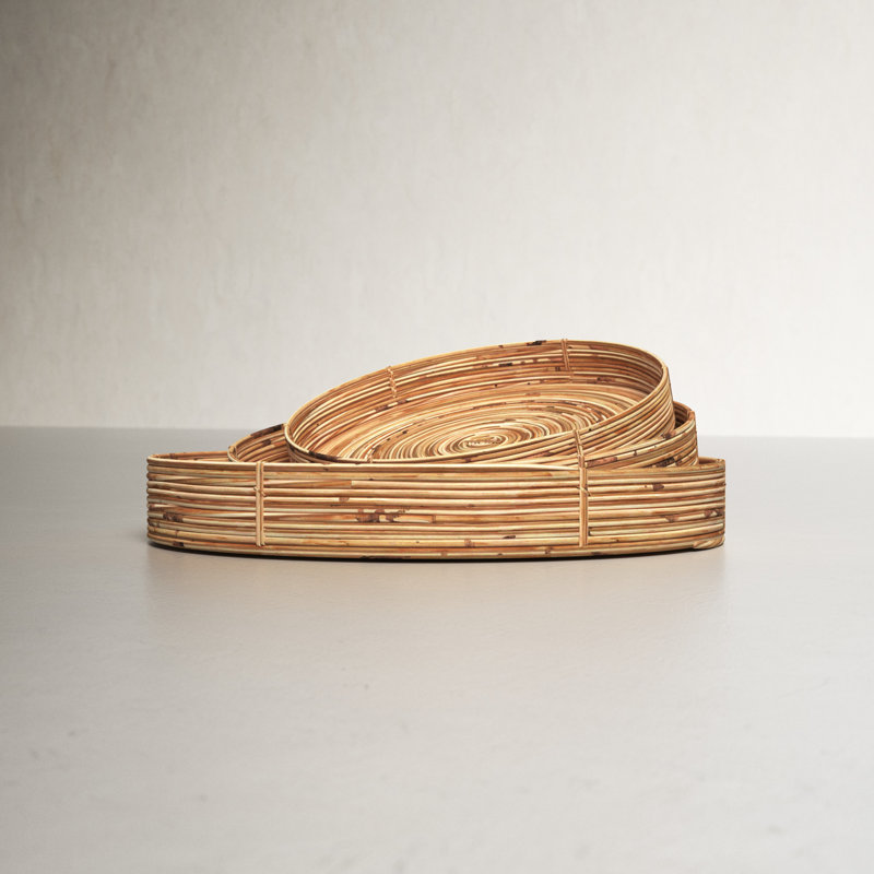 Hand-Finished Round Wicker Serving Trays Set in Warm Brown