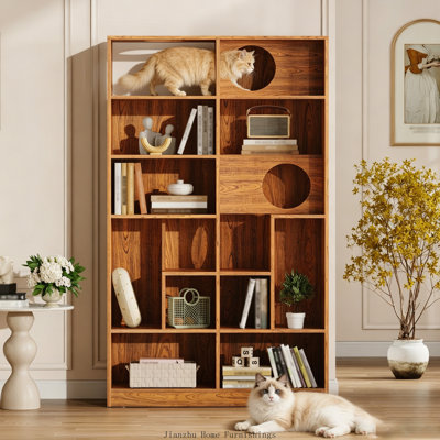 Maison de chat moderne en bois 2 en 1, vitrine d'arbre à chat avec rangement et étagère pour bac à litière, brun