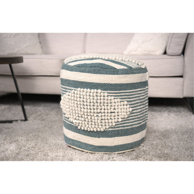 Pouf cylindrique en tissu - blanc et bleu sarcelle, fabriqué à la main avec du coton en laine, 16 po x 16 po, capacité de 250 lb, nettoyer les taches, entièrement assemblé et assemblé