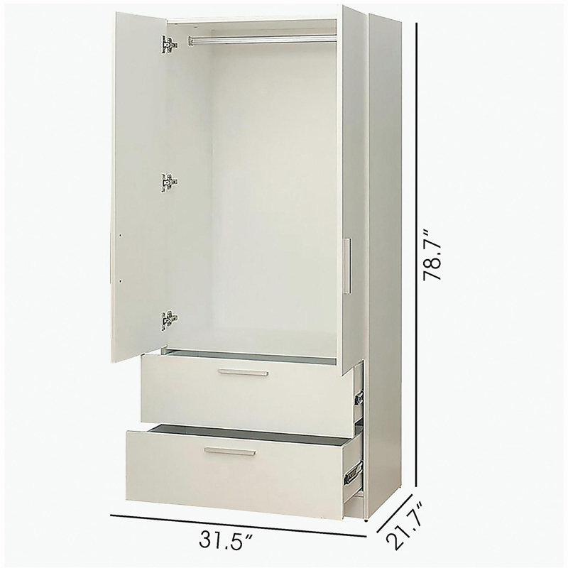 Armoire en bois à deux portes avec deux tiroirs et barres de suspension blanches Emma