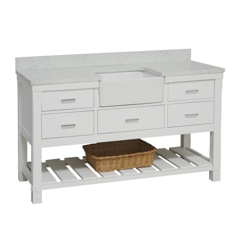 Ensemble de meuble-lavabo simple 60 po Hitton, Blanc, Carrare d'ingénierie